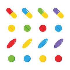 Set, collection of colorful pills, food supplements, medications. Vector cartoon style icons, illustration for medical and healthcare design.
