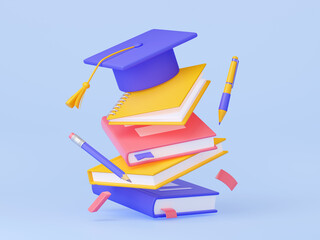 Student graduation cap on books stack. Concept of university or college education, academic tuition with flying mortarboard, books, pen and pencil, 3d render illustration - obrazy, fototapety, plakaty