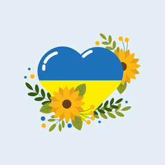 Vector illustration War in Ukraine. Flat vector illustration. Heart with print the national flag of Ukraine with sunflowers. Stay with Ukraine concept.