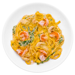 Fettuccine alfredo with shrimp top view