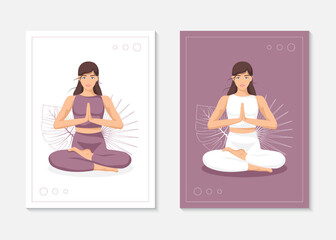 Yoga young woman, card concept. Beautiful girl in a suit doing yoga. Healthy lifestyle. Poster. Template. Vector illustration in a flat style.