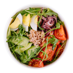 tuna fish salad with eggs, cucumber, tomatoes and arugula