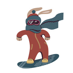 Cute cartoon rabbit rides on a snowboard. Winter vector illustration with animal character.