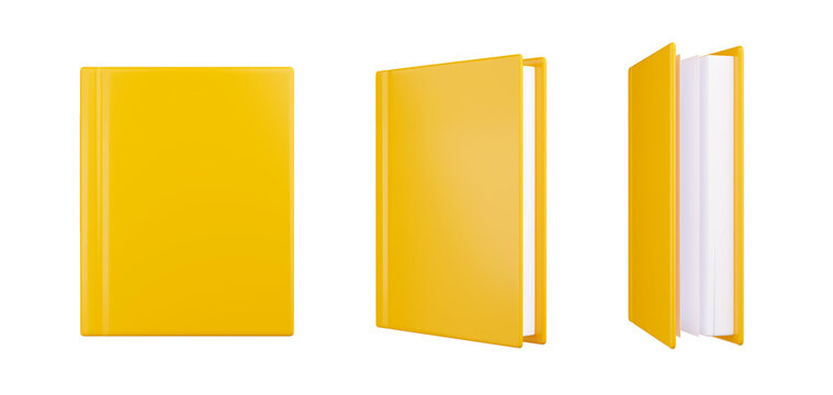 Standing book with blank yellow cover in front, side and angle view. Literature icon, closed textbook in hardcover isolated on white background, 3d render illustration