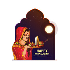 
creative happy karwa chauth festival celebration greeting card with indian women.

