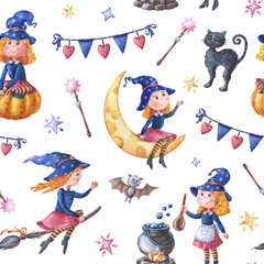 Watercolor witch is flying on a broom. Seamless pattern with cute girl, black cat