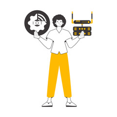 A man holds the IOT logo in his hands. Linear style. 