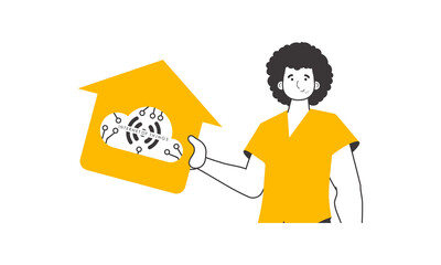 A man holds the IOT logo in his hands. Linear style. 