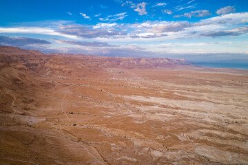 Masada National Park in the Dead Sea region of Israel. Drone.