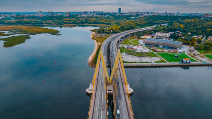 A top view of the Millennium Bridge in Kazan . Cable-stayed bridge across the river. Autumn Skyline 