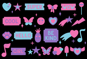 Set of cool retro girly stickers. Vector illustration in y2k style.