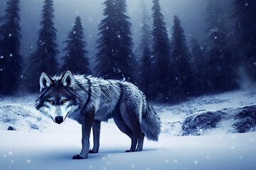 Large wild wolf standing in the middle snow forest meadow landscape illustration