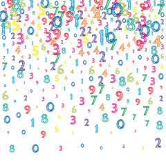 Falling colorful orderly numbers. Math study concept with flying digits. Trending back to school mathematics banner on white background. Falling numbers vector illustration.