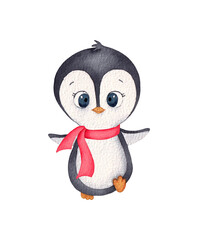 Cute watercolor penguin in a scarf.  Character for Christmas and New Year's design.