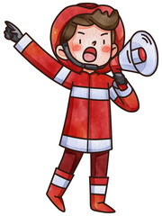 Firefighter, fireman character with fire fighting equipment tools. Fireman in uniform with fire hose hydrant, fire extinguisher watercolor illustration set. Fireman character