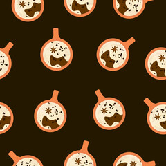 Seamless pattern with orange cup of coffee with cream and cinnamon on brown background. Illustration can be used  in print for restaurants, coffes.