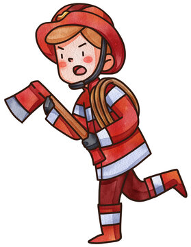 Firefighter, fireman character with fire fighting equipment tools. Fireman in uniform with fire hose hydrant, fire extinguisher watercolor illustration set. Fireman character