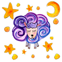 Watercolor illustration of a purple sheep on a white background with stars and moon textiles for children