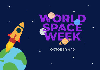 Word space week background with rocket and earth planets.