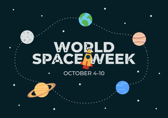 Word space week background with planets and ufo.