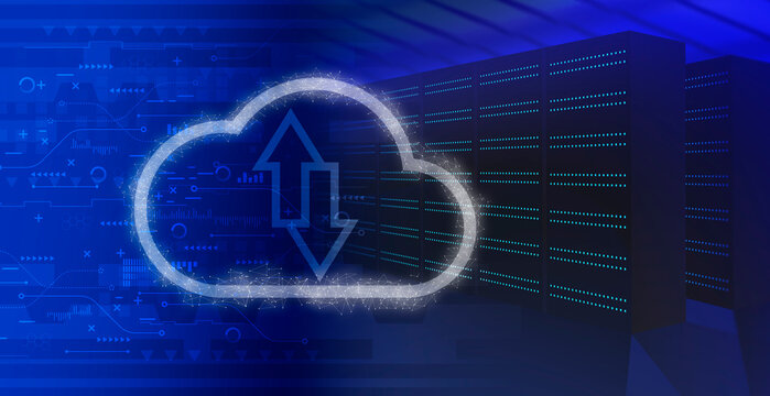 cloud computing and technology icons with server room background. cloud computing storage technology service concept.