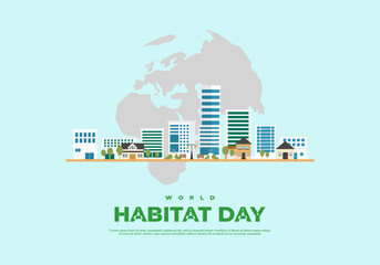 World habitat day with sky scrapper and earth map isolated on blue background. - obrazy, fototapety, plakaty