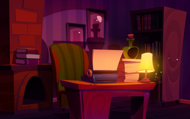Writer cabinet at night, interior with typewriter, glowing lamp, bottle, stack of paper on desk with vintage armchair. Room with author items, fireplace and shadows on wall Cartoon vector illustration
