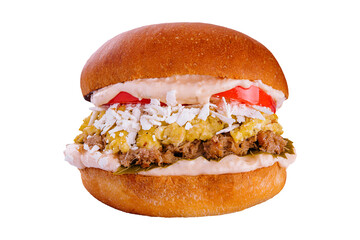 Pulled beef hamburger isolated on white