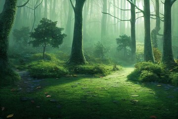 path in the woods trees leaves fog green nature forest