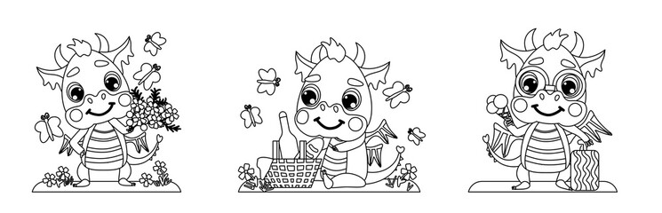 Cute little dragon traveler eats ice cream, collects flowers, sits with a picnic basket. Set of illustrations in a linear-contour style for coloring, design, prints, greeting cards. symbol of 2024