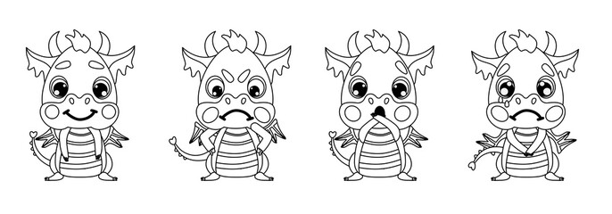 Set of emotions of a cute little baby dragon. Joy, surprise, sadness and anger. Vector illustration for designs, prints, greeting card, coloring book for kids and patterns. symbol  of 2024