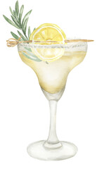Watercolor hand drawn cocktail illustration with lemon. Beverages clipart for menu, card, postcard, banner, poster. Food and drink print