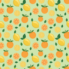 lemon and orange fruits pattern in green background