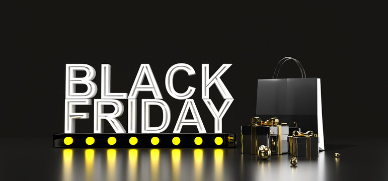 Black banner background and text BLACK FRIDAY decorated with gifts and shopping bags for sale, discount, and promotion display. 3D rendering.