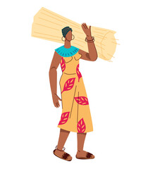 Obraz premium African country woman, flat cartoon vector illustration isolated on white background. Culture of Africa. African peasant female character with a bundle of cane.
