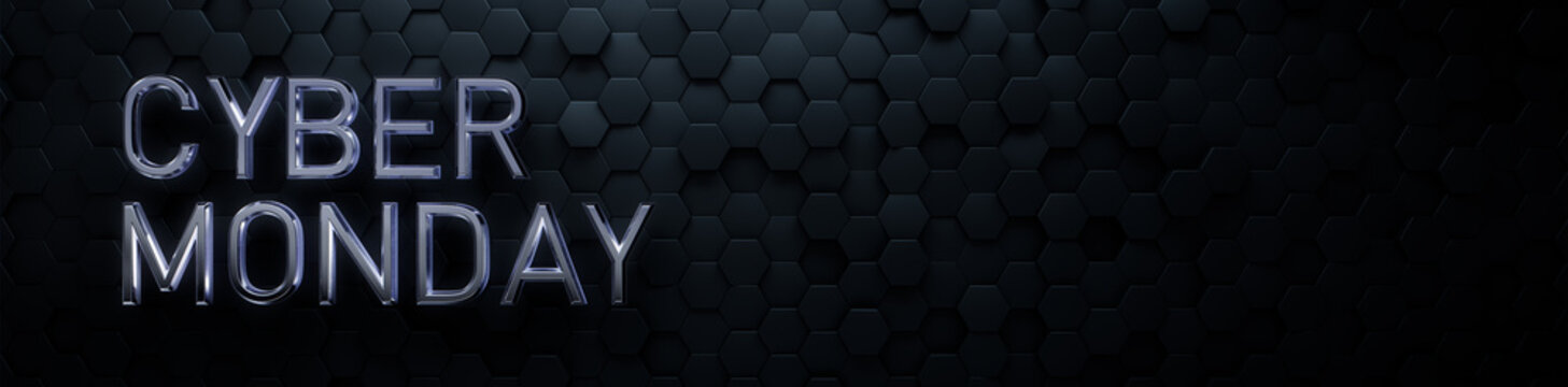 Luxury Banner With Futuristic, Glossy 3D Lettering On Hexagon Tiles. Cyber Monday Background With Copy-space.