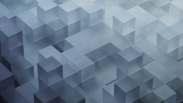 Precisely Arranged Translucent Blocks. Grey, Modern Tech Wallpaper. 3D Render.