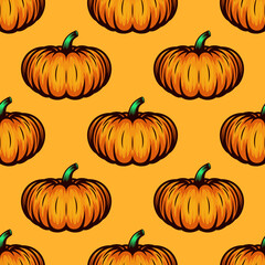 Vector Autumn Colored Orange Pumpkin Seamless Pattern. Design Template for Halloween Invitations, Cards, Prints, Web, Gifts, Textile