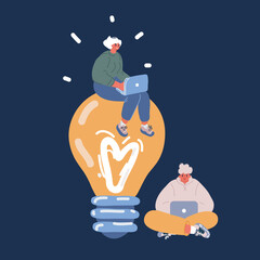 Cartoon vector illustration of people work at laptop. Ma and woma with light bulbs. Great ideas competition.
