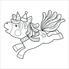 Cute unicorn jumping with Santa's hat and a scarf, Christmas clipart