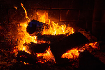 Burning logs in the fireplace