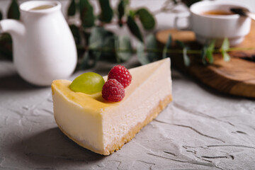 Tasty raspberry cheesecake close up