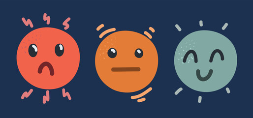 Cartoon vector illustration of Emoticon in a good mood, bad and indifferents modes