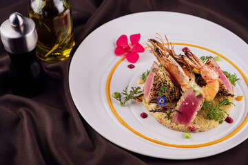 Tuna fish tataki with shrimp and couscous
