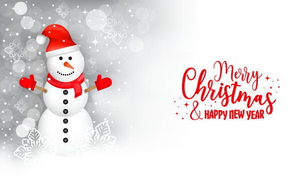 Snowman with Santa hat in a winter holiday landscape, snowfall, stars and snowflakes. Christmas and New Year greeting card.