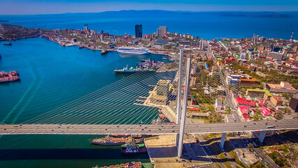 Air review of the Golden bridge. Vladivostok