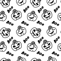 Seamless pumpkin pattern and hand-drawn, doodle-style elements. Laughing faces and the word boo. Halloween. Autumn. Holiday pattern on white background.