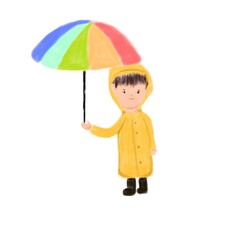 a man wearing a yellow raincoat and bring colorful umbrella