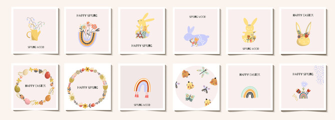 Set of square cute, spring, easter backgrounds, cards,cute rabbit, bunny, basket, rainbow, egg, flowers, garden watering can, wreath, butterflies, spring sale, easter invitation.