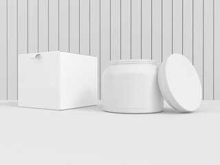 Cosmetic Plastic jar with packaging box and label mockup. 3D Rendered Illustration.